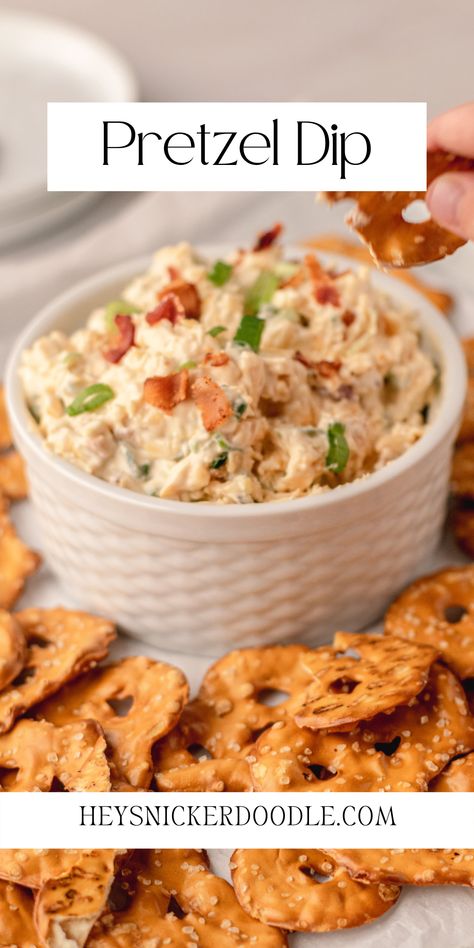 With bacon, cheddar cheese, and cream cheese mixed in, this Pretzel Dip recipe is a perfect one to make for an appetizer to share with a crowd and I bet there won't be any leftovers! Dip With Pretzel Chips, Best Cold Dip Recipes, Tailgate Food Ideas Cold, Party Dips Cold, Cream Cheese Pretzel Dip, Party Snacks For A Crowd, Pretzel Dips, Appetizer Foods, Pretzel Dip Recipes