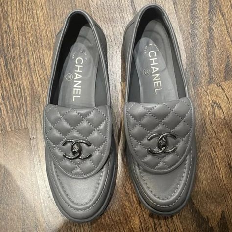 Chanel 21B Grey Quilted Flap Turnlock CC Logo Silver Mule Slip On Flat Loafer 37 Cc Logo, Chanel Shoes, Mule, Loafer Flats, Loafers, Chanel, Slip On, ? Logo, Grey