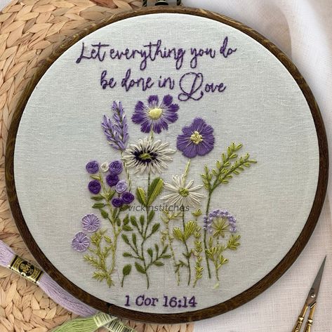 "Christian hand embroidery kit is an 8\" design on quality fabric that includes everything you would need in an embroidery craft kit. This stunning diy embroidery kit features a scripture from 1 Corinthians and a spray of beautiful violet & purple stitched flowers. Easy-to-follow step by step instructions make it  possible for even beginning embroiderers to create a beautiful art piece.   Complete all included kit makes it possible to  just open the package and begin stitching! By simply following the included instructions you will amaze yourself at  how easily you'll create ' something lovely AND  and how quickly you'll be transported into a peaceful and quiet state of mind that we all need and deserve! All of my designs are original and are not imports. I use only high-quality colorfast Wedding Gift Embroidery, Religious Embroidery, Christian Embroidery, Stitched Flowers, Gift Embroidery, Love Bible, Flowers Easy, Purple Wildflowers, Diy Embroidery Kit