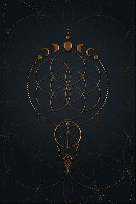 Mystical flower of life and Moon Phases, Sacred geometry. Gold Seed of life. Pagan Wiccan goddess symbol, old golden wicca banner sign, energy circles, boho style vector isolated on black background Gaia Goddess Tattoo Symbols, Flower Of Life Painting, Flower Of Life Wallpaper, Merkaba Tattoo, Holding Hands Reference, Sacred Geometry Art Mandalas, Wiccan Goddess, Flower Of Life Tattoo, Energy Circles