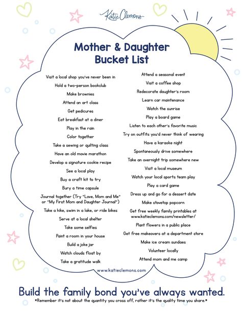 I vote yes for quality mother daughter time, so the ideas for this Mother-Daughter Bucket List are fabulous mother daughter date ideas for special bonding. Develop a signature cookie recipe, learn car maintenance, and explore unforgettable family activities for any budget. Create meaningful family memories. Click for seasonal bucket list ideas, and enhance your mom and me bond with these timeless mother-daughter date ideas. Activities To Do With Daughter, Mum And Daughter Activities, Mom And Daughter Bucket List, Mommy And Me Dates Daughters, Mom And Daughter Activities Fun Ideas, Mum And Daughter Date Ideas, Family Structure Ideas, Mother Daughter Dates For Teens, Mother Daughter Date Ideas Adults