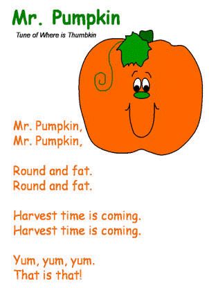 Poems For Preschoolers, Pumpkin Songs, Poem Kindergarten, Harvest Poems, Autumn Songs, Fall Poems, Pumpkin Poem, Pumpkin Lessons, Coming Song