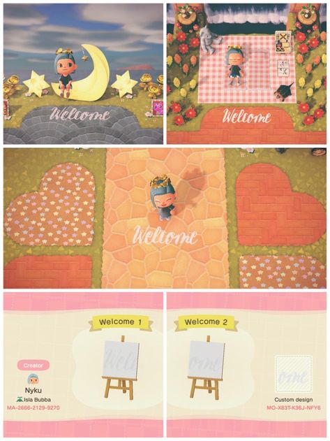 Animal Crossing Welcome Sign Design, Animal Crossing Direction Sign, Acnh Welcome Pattern, Acnh Welcome Code, Welcome Sign Acnh, Animal Crossing Welcome Sign, Acnh Welcome Sign Code, Acnh Signs, Animal Crossing Cafe