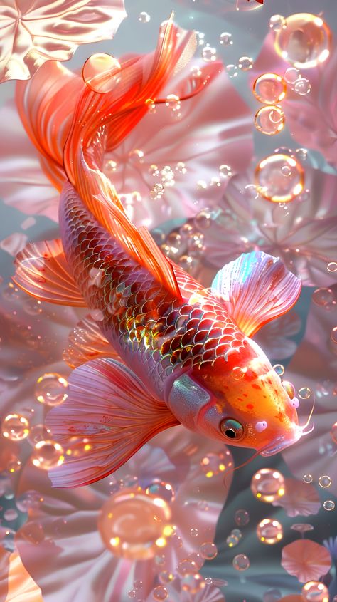 fish, carp, bubbles, water, gold, pink, art, ai (1632x2912) by ???ℯℯ? ℳℴ?ℯ??? ? Goldfish Art Illustrations, Goldfish Wallpaper, African Animals Photography, Zen Wallpaper, Jing Jing, Good Luck Clover, Goldfish Art, Lotus Flower Pictures, Lucky Wallpaper