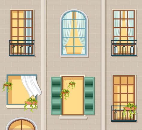 Free vector apartment building with wind... | Free Vector #Freepik #freevector #house-clipart #window-cartoon #cartoon-drawing #cartoon-wall Window Cartoon, Building Windows, Arte Aesthetic, Colour Drawing, Scale Model Ships, Window Drawing, Cute Apartment, House Clipart, Pot Crafts