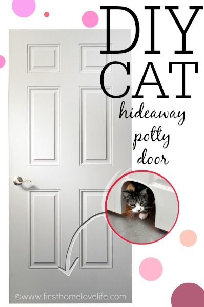 Keep your cat's litter box hidden but easily accessible with this DIY Cat Potty Door cut out! Step by step tutorial on www.firsthomelovelife.com Kitty Door Ideas, Cat Doors In Door, Kitty Door In Door, Cat Hole In Door, Cat Door In Door, Hideaway Door, Litter Box Hidden, Hollow Core Door Makeover, Kitty Door