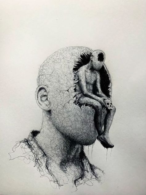 Art ideas Power Of The Mind Art, Lost In Thought Art, Escapism Drawing, Surreal Art Drawing Pencil, Scapegoat Art, Depersonalisation Drawing, Dark Scribble Art, Schizophrène Art, Scribbling Art