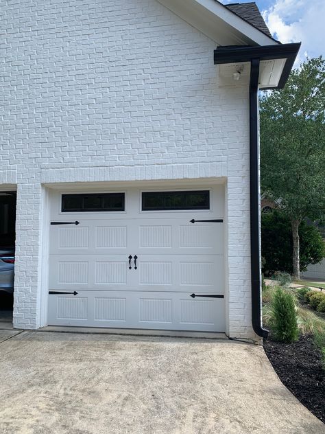 Keep Garage Doors White & Accent with Black Hardware White Garage Door With Black Hardware, White Garage Door With Black Trim, White Garage Doors With Black Hardware, Garage Doors White, Black Garage Doors, White Garage Doors, White Garage, Dove House, Painted Brick House