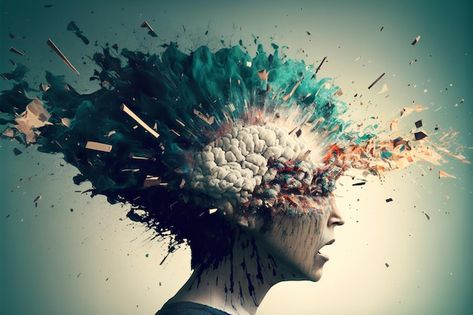 Head Explode Art, Head Exploding Art, Head Explosion, Losing Control, Anime Head, Side Profile, Negative Emotions, Art Project, Premium Photo