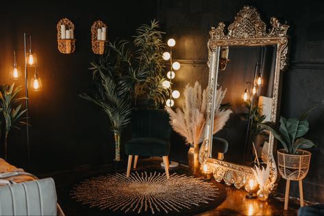 Wall Of Different Mirrors, Dark Classy Living Room, Modern Spa Aesthetic, Ikea Esthetician Room, Dark Beauty Salon Aesthetic, Eclectic Esthetician Room, Whimsical Gothic Decor Bedroom, Moody Massage Room, Esthetician Back Bar