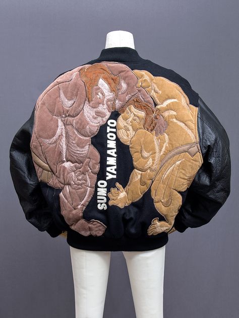 japanesefashionarchive: “ Kansai Yamamoto (山本寛斎) embroidered “SUMO YAMAMOTO” stadium jacket. This is a Kansai Man piece, believed to be early 1990s. Two huge sumo wrestlers face off in the embroidery design on the back. The Kansai name is on the... Embroidery On Jackets, Archive Fashion Jacket, Men’s Kimono Fashion, Japanese Racing Jacket, Archive Pieces, Japanese Souvenir Jacket, Kansai Yamamoto, Japanese Jacket, Oversized Sleeves