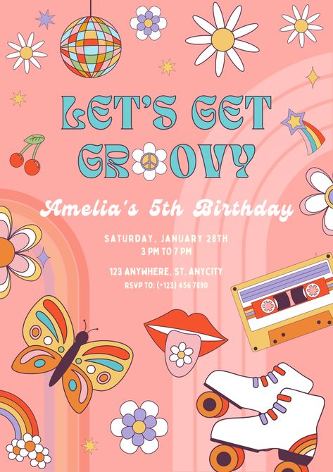 #Pink #Retro #Hippie #Groovy #Daisy #Rainbow #Birthday #Party #Invitation #Poster Groovy Daisy, Invitation Poster, Groovy Birthday, Retro Birthday, Rainbow Birthday Party, Card Templates Free, Pink Retro, Retro Groovy, Retro Theme