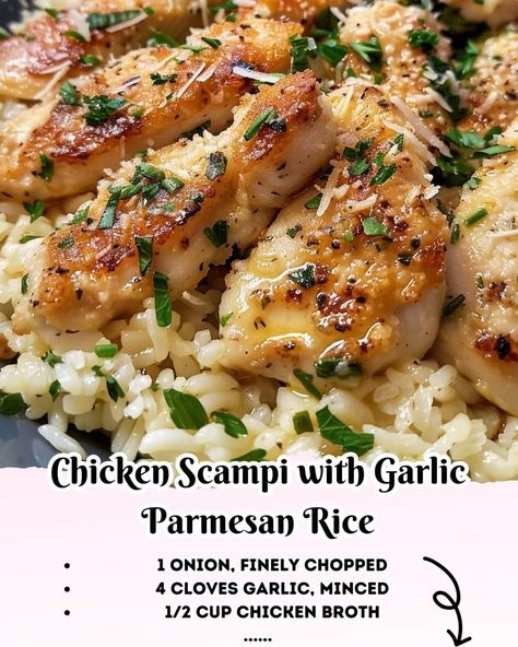 Easy Chicken Scampi, Garlic Parmesan Rice, Parmesan Rice, Chicken Scampi, Easy Skillet Meals, Weight Watchers Chicken, Rice Chicken, Hearty Chicken, Easy Skillet