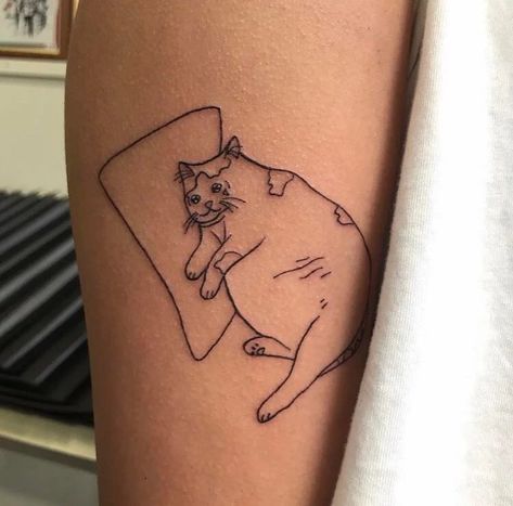 Fat Cat Tattoo, Laugh Tattoo, Cute Cat Tattoo, White Ink Tattoo, Make Em Laugh, Cartoon Tattoos, Fat Cat, Fat Cats, Cat Tattoo