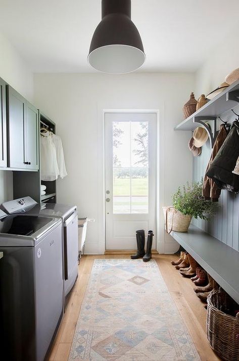 Blue Galley Style Mudroom and Laundry Room Combo - Cottage - Laundry Room Galley Laundry, Mud Room Laundry Room Combo, Laundry/mudroom Ideas, Mudroom Laundry Room Ideas, Cottage Laundry Room, Modern Laundry Room, Laundry Room/mudroom, Laundry Room/mud Room, Modern Laundry