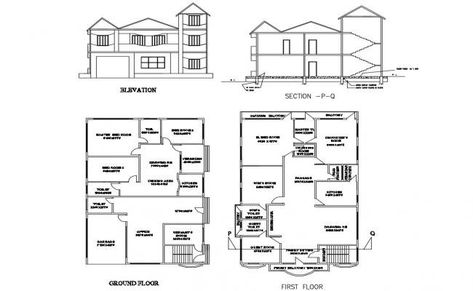 Two-level house elevation, section, ground and first floor plan details dwg file Plan Elevation Section Of House, Small House Design Floor Plan, House Entry Doors, One Floor House Plans, Door Drawing, Windows View, House Entry, First Floor Plan, Entry Gate