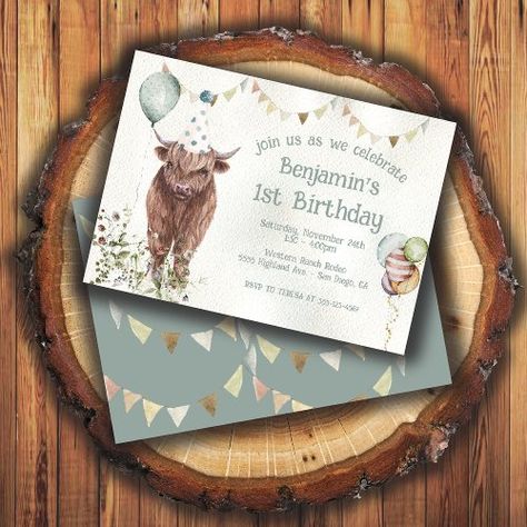 $ 2.8 | Highland Cow 1st Birthday Party - watercolor, boho, birthday, 1st birthday, boy, highland cow, cow, highland cow birthday, girl, any age Highland Cow 1st Birthday, Cow 1st Birthday Party, Cow 1st Birthday, Highland Cow Birthday, Cow Birthday Parties, Cow Highland, 1st Birthday Boy, 80th Birthday Invitations, Cow Birthday