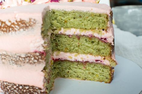 Pistachio Cake Recipe, Pistachio Rose, Rose Jam, Cardamom Cake, Green Tea Cake, Pistachio Recipes, Sweet Bakes, Tea Cakes Recipes, Raspberry Rose