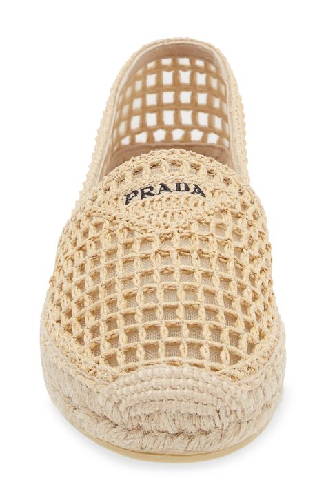 A mesh upper overlaid with woven raffia brings breezy charm to this laid-back espadrille branded with a subtle version of Prada's iconic triangular logo. 3/4" (19mm) platform (size 9US / 39EU) Textile upper and lining/synthetic sole Made in Spain Designer Shoes Crochet Ocean Animals, Crochet Boot Socks, Crochet Boots, Crochet Sandals, Knit Shoes, Knitted Flowers, Handbag Pattern, Woven Raffia, Freeform Crochet