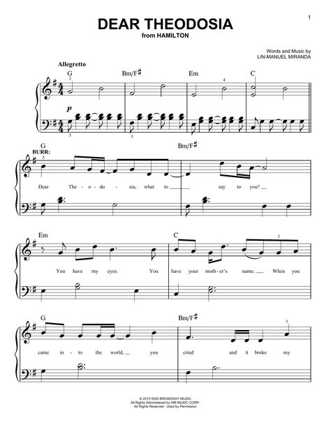 Download and Print Dear Theodosia (from Hamilton) sheet music for Easy Piano by Lin-Manuel Miranda from Sheet Music Direct. Hamilton Sheet Music Piano Easy, Dear Theodosia Piano, Hamilton Piano Notes Easy, Hamilton Piano, Clarinet Songs, Hamilton Sheet Music, Dear Theodosia, Alto Saxophone Sheet Music, Piano Music Easy