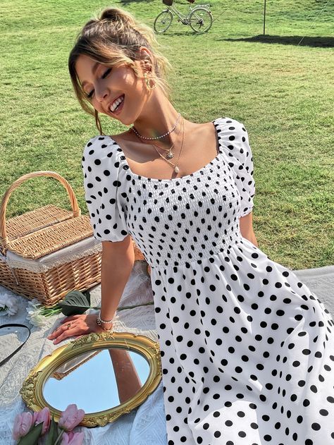 White Casual  Short Sleeve Polyester Polka Dot A Line Embellished Non-Stretch Summer Women Dresses Spotted Dress, Shirred Dress, Puff Sleeve Dress, Green Polka Dot, White Casual, Polka Dot Dress, Dot Dress, Women Dresses, Colorful Fashion