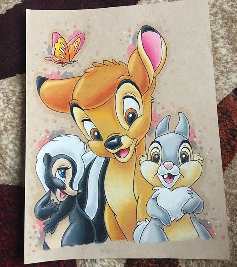 Bambi, thumper and flower ❤️✨ #disneymagic #mickey #disney #prismacolor #prismacolorpencils #strathmore #tonedtan #pencil #drawing #artwork… Bambi Thumper And Flower, Disney Painting, Bambi Thumper, Self Taught Artist, Disney Character Drawings, Disney Drawing, Easy Disney Drawings, Disney Canvas, Bambi Disney