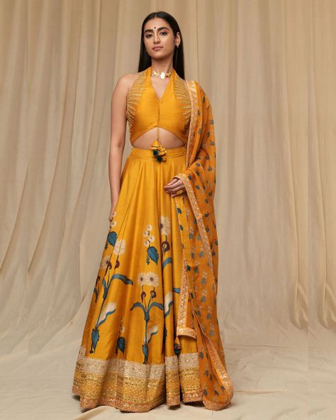 Mustard Spring Blossom Lehenga Set | House Of Masaba House Of Masaba, घाघरा चोली, Printed Lehenga, Lehenga Dupatta, Raw Silk Lehenga, Wedding Lehenga Designs, Placement Print, Indian Dresses Traditional, Aari Embroidery