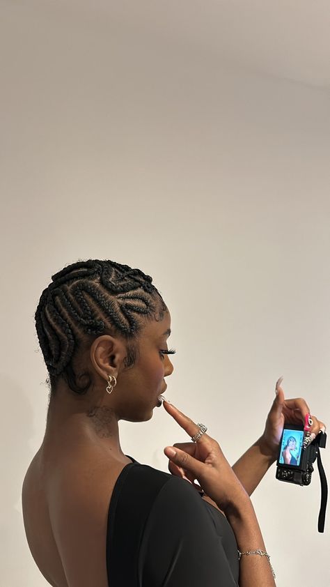 black woman with a unique cornrow hairstyle holding a digital camera Cornrow Freestyle, Unique Cornrow Hairstyles, Unique Cornrows, Cornrow Hairstyle, Cornrows Braids, Cornrow, Cornrow Hairstyles, Black Girls Hairstyles, Locs