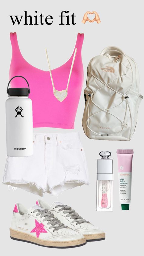 Summer Outfits Pink, White Backround, Shuffle Outfits, Preppy Essentials, Shorts And Top, Preppy Summer Outfits, Marine Biologist, White Jean Shorts, Cute Preppy Outfits