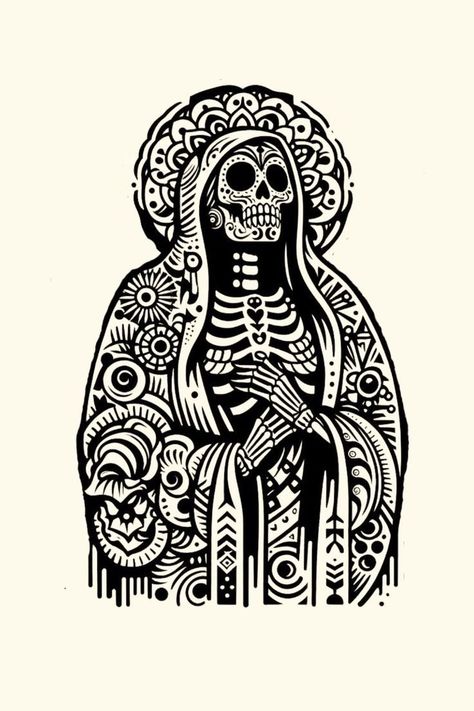 Santa Muerte Drawing Tattoo, Mexican Symbols Tattoo, Mexican Traditional Tattoo, La Santa Muerte Tattoo, Santa Muerte Tattoo, La Muerte Tattoo, Mexican Skull Tattoos, Mexican Graphic Design, Mexican Tattoo