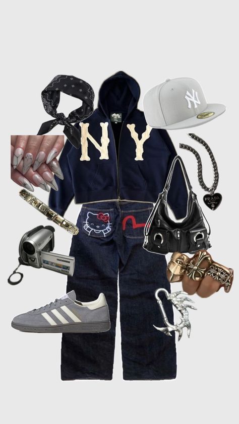 navy blue and gray outfit hello kitty jeans streetwear Black And Navy Outfit, Gray Outfit, Outfit Streetwear, Navy Outfit, Grey Outfit, Black And Navy, Outfit Ideas, Street Wear, Navy