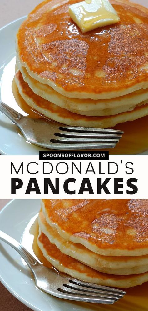 Thick, fluffy pancakes make the ultimate breakfast. This McDonald's copycat pancakes will definitely fit the bill. With just a few simple ingredients and 20 minutes, you can easily make this delicious pancakes right at your own kitchen. #pancakes #mcdonaldscopycat #breakfast #copycatrecipes How To Make Thick Fluffy Pancakes, Eggs And Pancakes Breakfast, Copycat Krusteaz Pancakes, Heavy Cream Pancakes, Copycat Mcdonald’s Pancake, Mcdonald Pancake Recipe, Copycat Ihop Pancakes Recipes, Pancakes With Sprite, The Best Buttermilk Pancakes