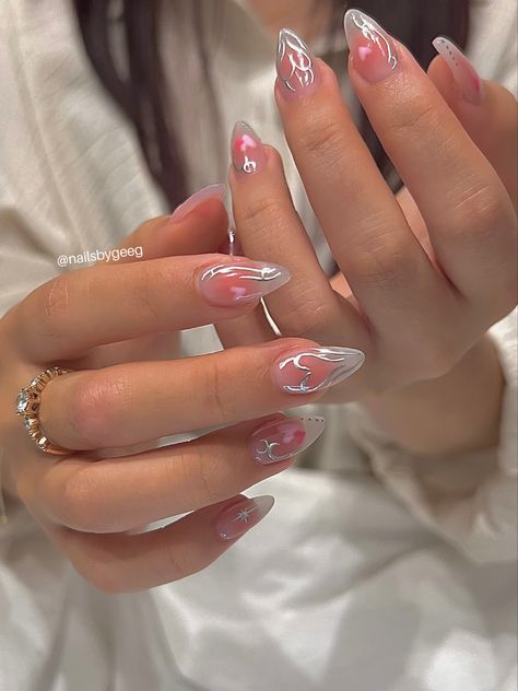 Short Almond Nails Simple Designs, Pink Aura Nails Almond, Purple Nail Short, Almond Nail Glitter, Nail Dark Red, Acrylic Nail Square, Red Nail Short, Aura Nails Almond, Cute Nail Acrylic