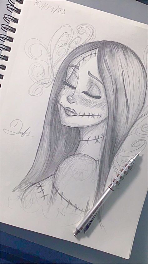 #art #Sally #draw #Mrjack #timburton #hobby #sketch Coraline Sketch Easy, Face Sketches Easy, Tangled Drawing Ideas, Pen Art Chicano, Random Things To Draw Sketches, Sanderson Sisters Drawing, Tim Burton Inspired Drawings, Drawing Ideas School, Christmas Girl Drawing