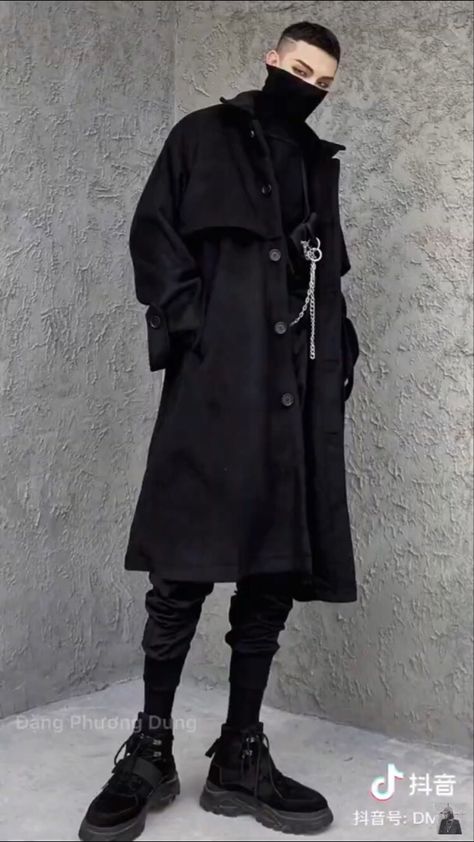 Mens Techwear Outfit, Cyberpunk Aesthetic Fashion Men, Formal Cyberpunk Outfit Male, Elegant Techwear, Elegant Outfit For Men, Hip Hop Fashion For Men, Punk Fashion Male, Goth Fashion Men, Goth Coat