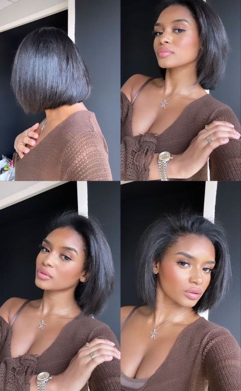 Bob With Curtain Bangs Black Women, Gabrielle Union Hairstyles, Natural Hair Bob Cut, Corte Chanel, Bob Hairstyles For Black Women, Sleek Hairstyle, Natural Hair Bob, College Hairstyles, Pressed Natural Hair