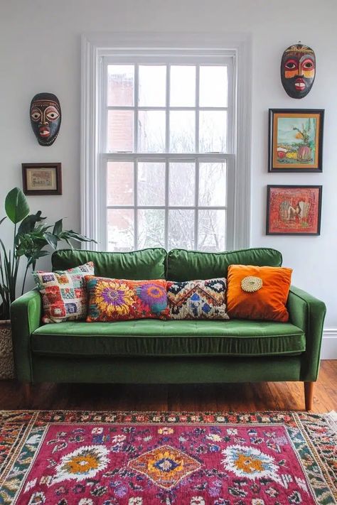 29 Eclectic Living Room Ideas To Make Your Space Stand Out - Courtneys World Simple Eclectic Home, Fun Living Room Decor, Green Loveseat, Eclectic Living Room Ideas, Fun Living Room, Funky Living Rooms, Boho Sofa, Eclectic Home Decor, Green Couch