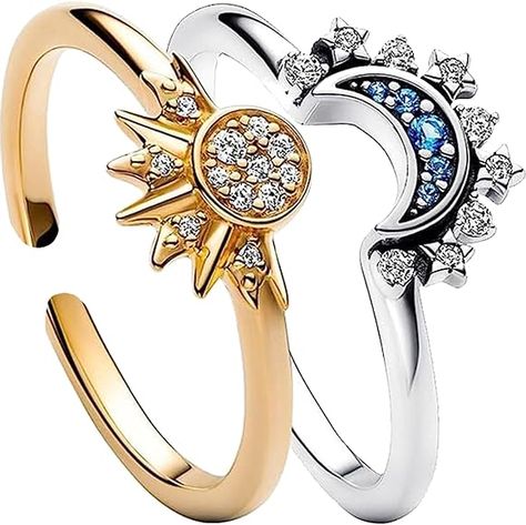 GAUEIOUR Celestial Sun and Moon Overlay Ring，Sun and Moon Shining Together Design Feeling Layered Women's Ring，Diamond Set Open Ring : Amazon.co.uk: Fashion Friendship Promise, Sun And Moon Ring, Celestial Sun And Moon, Finger Band, Sun And Moon Rings, Sun Ring, Celestial Ring, Celestial Sun, Stackable Rings Silver