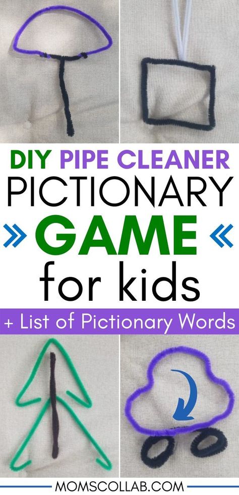 Pipe cleaner games - fun fine motor diy pictionary game for kids. If you're looking for a fun game for kids that doubles as a craft, click through for this fun pictionary game with pipe cleaners! Check out the pictionary words list full, plus some fun ideas made from pipe cleaners! Indoor easy game idea for kids, super easy craft and game idea for kids on rainy days. Pipe cleaner crafts and games for kids. #pipecleanercrafts #pipecleanergame #gamesforkids #indooractivity #kidscrafts #kidsgames Diy Pictionary, Pictionary Ideas For Kids, Pictionary Ideas, Pictionary For Kids, Pictionary Word List, Pictionary Words, Art Games For Kids, Words List, Winter Activities For Kids