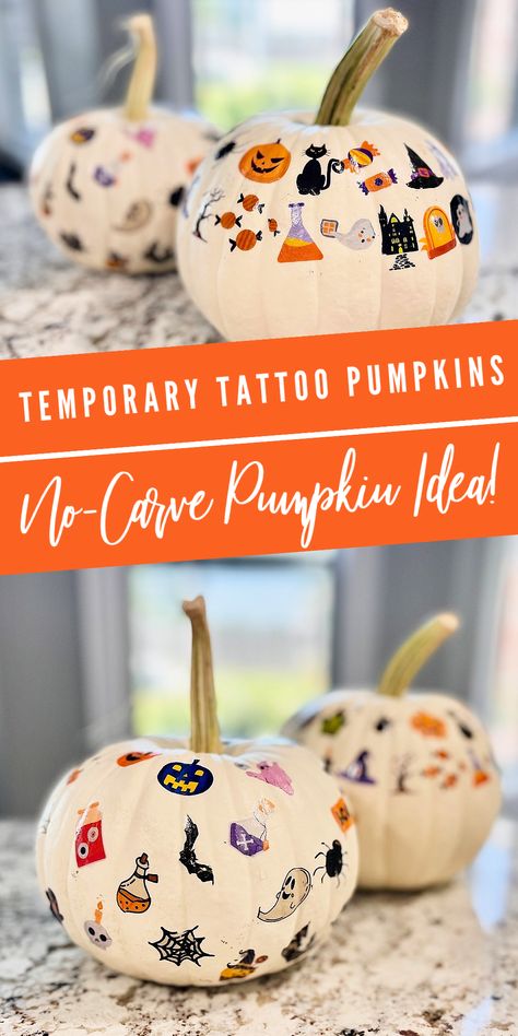 white pumpkins decorated with Halloween-themed temporary tattoos Mess Free Halloween Crafts, No Mess Pumpkin Decorating For Kids, Pumpkin Paint Party Ideas, Mess Free Pumpkin Decorating, Mess Free Pumpkin Decorating For Kids, Pin The Nose On The Pumpkin, Decorating Pumpkins Without Carving Kids, Mini Pumpkin Decorating Ideas For Kids, Pumpkin Decorating Party For Kids