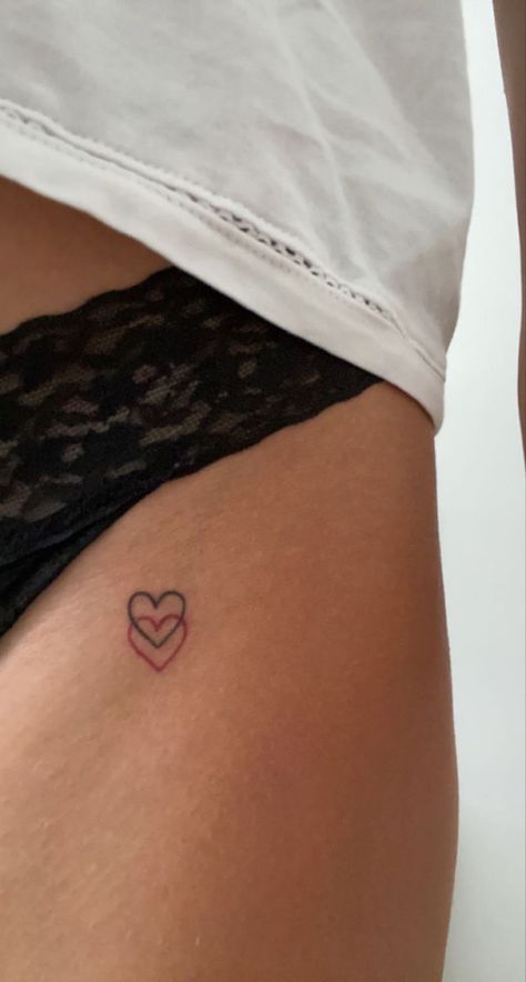 Small Tattoos For Hip, Pelvic Tattoo Hip Small Heart, Small Heart On Hip Tattoo, Xo Tattoo Hip, Hip Tattoos Women Heart, Xoxo Tattoo Small Hip, Heart With Lines Tattoo, Red Heart Hip Tattoo, Women Pelvic Tattoo