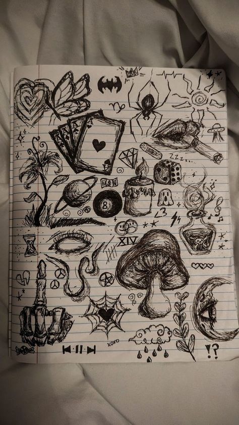 Small Doodles To Draw On Yourself, Drawings To Add To Your Sketchbook, "im Ok" Drawings, Lined Paper Drawing Doodles, Dark Easy Drawings, Dark Doodles Simple, Pretty Drawings Aesthetic, Scetches Notebook Ideas, Full Page Drawings Sketchbooks