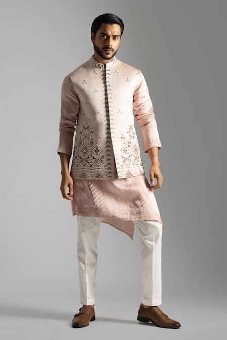 Asymmetric Kurta, Mirror Embroidery, Kurta Set For Men, Mens Kurta Designs, Cream Pants, Nehru Jacket, Nehru Jackets, Satin Color, Kurta With Pants