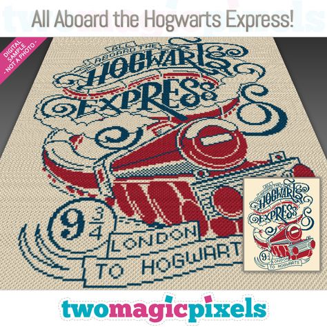 All Aboard the Hogwarts Express! by Two Magic Pixels Crochet Harry Potter Blanket Free Pattern, Graphghans Crochet Patterns, Hogwarts Cross Stitch, Happy Birthday Dragon, Magic Pixels, Cross Stitch Plastic Canvas, Two Magic Pixels, Harry Potter Knit, Harry Potter Blanket