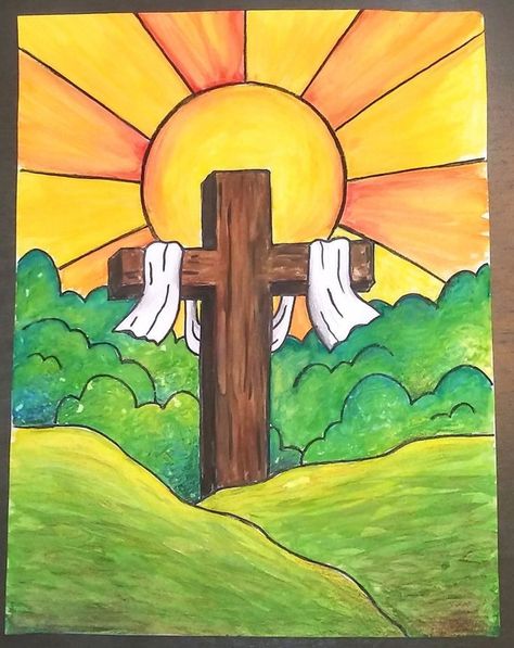 Jesus On The Cross Art For Kids, 3 Crosses On A Hill Painting, Easter Cross Drawing, Easter Art Drawing, Easter Cross Paintings On Canvas, Christian Easter Drawings, Easter Paintings On Canvas Jesus, Easter Art Christian, Easter Easy Drawing