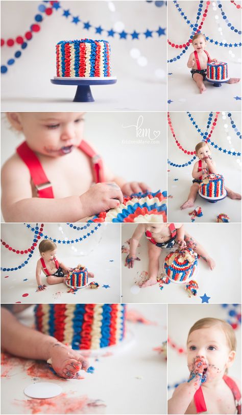 4th Of July Smash Cake Baby, Red White Blue Smash Cake, All American One Birthday, Fourth Of July Smash Cake, July First Birthday, Patriotic Smash Cake, Red White And Blue 1st Birthday Party, Red White And Blue Smash Cake, Firecracker First Birthday Party