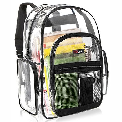 Backpack Highschool, Nice Backpacks, Pretty Backpacks, Transparent Backpack, Black Backpack School, Clear Backpacks, Highschool Freshman, Backpacks Travel, Clear Backpack