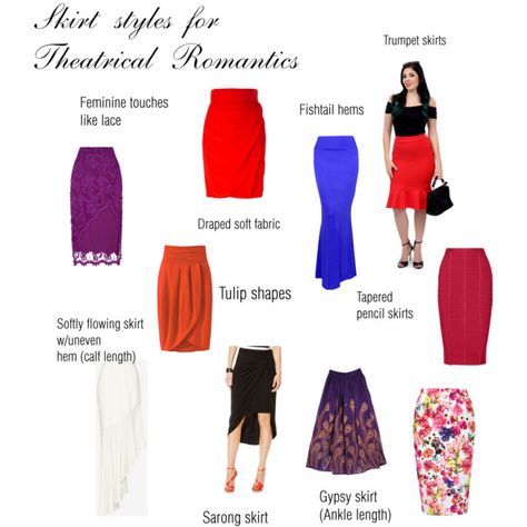 Theatrical Romantic skirt styles by ithinklikeme on Polyvore featuring Exclusive for Intermix, Louche, Versace, HervÃ© LÃ©ger, INC International Concepts, For Love & Lemons, tr, theatricalromantic and KibbeTR Body Type Kibbe, Romantic Body Type, Romantic Clothing Style, Theatrical Romantic Style, Romantic Skirt, Kibbe Romantic, Theatrical Romantic, Skirt Styles, Romantic Outfit