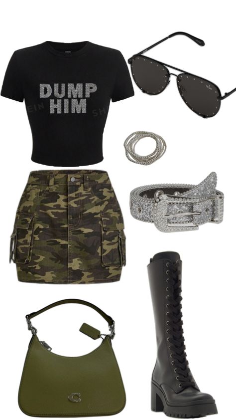 Cool girl chic rustic goth outfit inspo concert festival clothes camo skirt dump him graphic tee, lace up boots, Coach purse, quay glasses Outfit Inspo Concert, Quay Glasses, Goth Outfit Inspo, Dump Him, Festival Clothes, Goth Outfit, Camo Skirt, Concert Festival, Goth Outfits