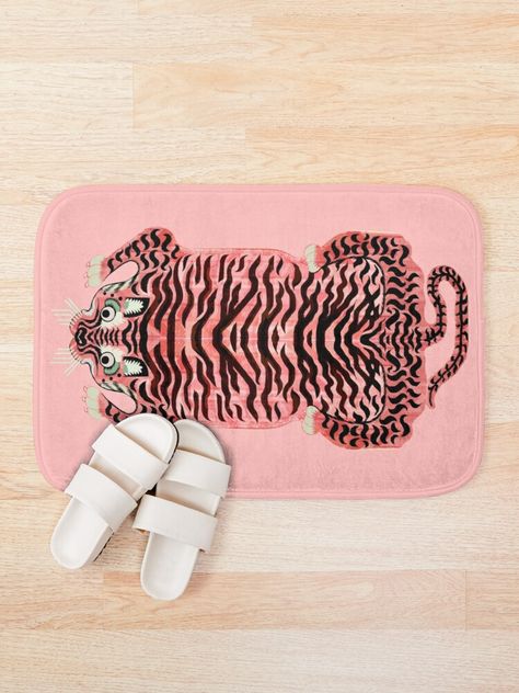 "Pink Tibetan Tiger Rug" Bath Mat by Giddygoatthe3rd | Redbubble Preppy Bath Mat, Pink Bathroom Mat, Animal Bath Mat, Pink Bath Rug, Hot Pink Bathroom Mat, Bath Matts, Tiger Bath Mat, Pink Bath Mat, Glitter Ideas